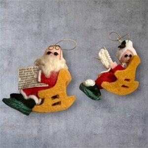 Vintage Felt and Yarn Handmade Santa and Mrs. Claus Christmas Ornaments